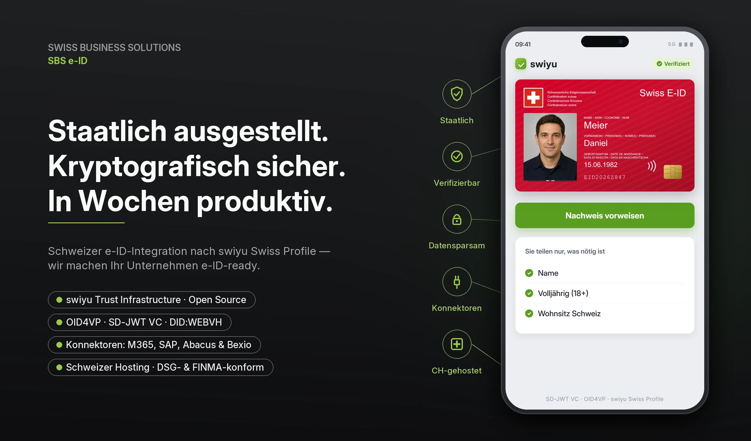SBS e-ID &mdash; Schweizer e-ID-Integration: der offizielle swiyu-Wallet-Nachweis, standardkonform und Schweizer Hosting