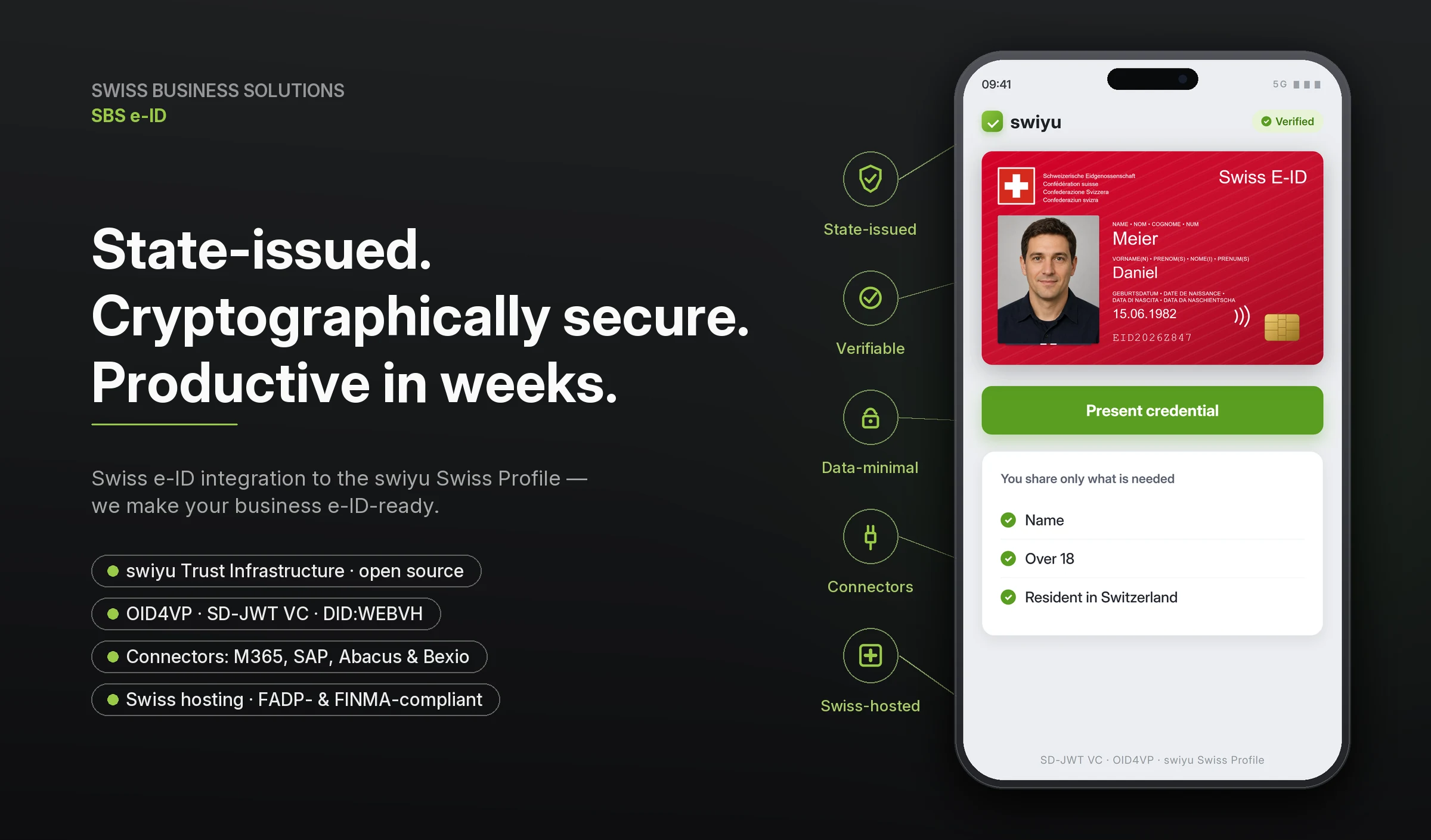 SBS e-ID &mdash; Swiss e-ID integration: the official swiyu wallet credential, standards-compliant and Swiss-hosted