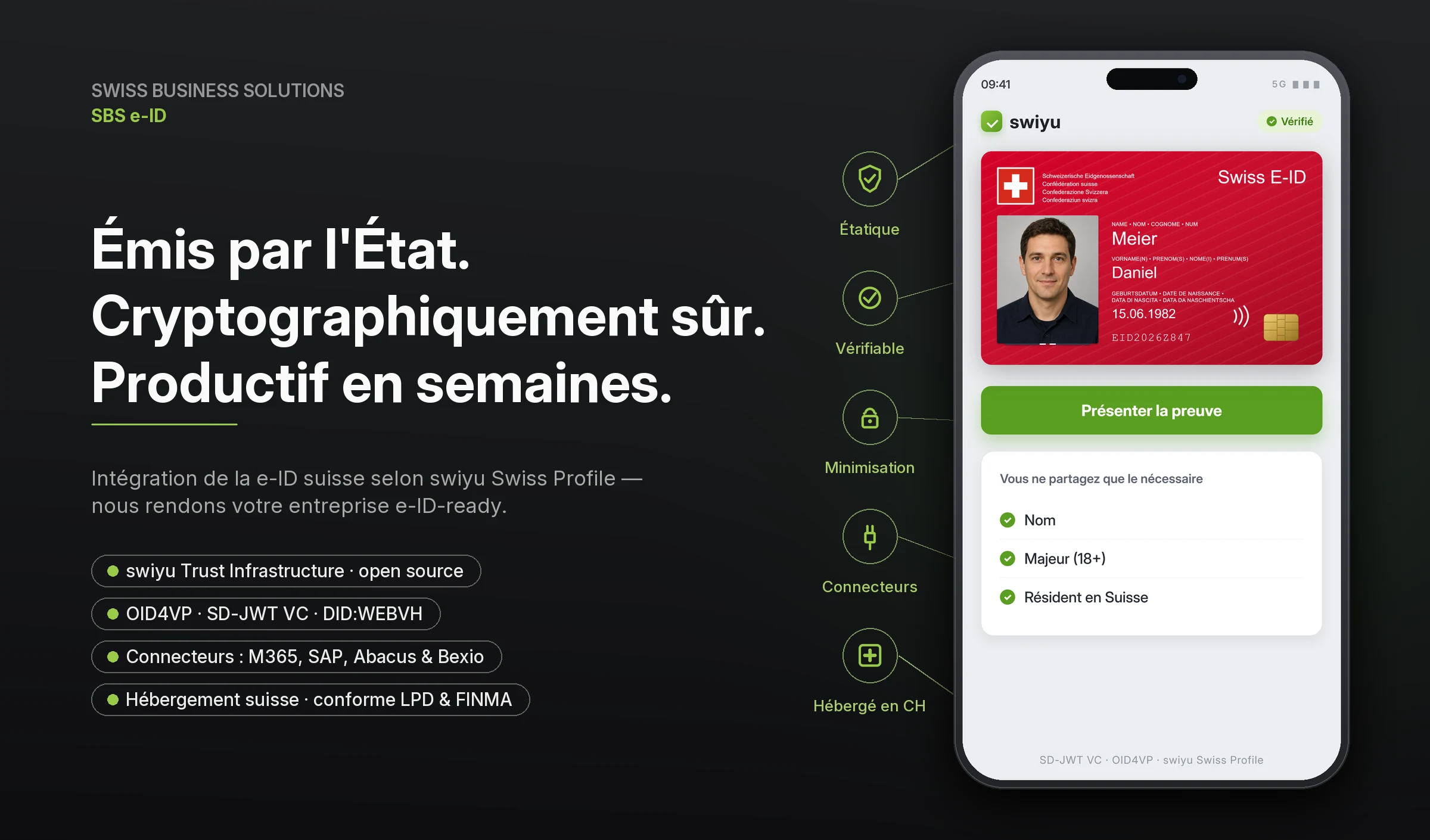 SBS e-ID &mdash; int&eacute;gration de la e-ID suisse&nbsp;: le justificatif du portefeuille swiyu, conforme aux standards et h&eacute;berg&eacute; en Suisse